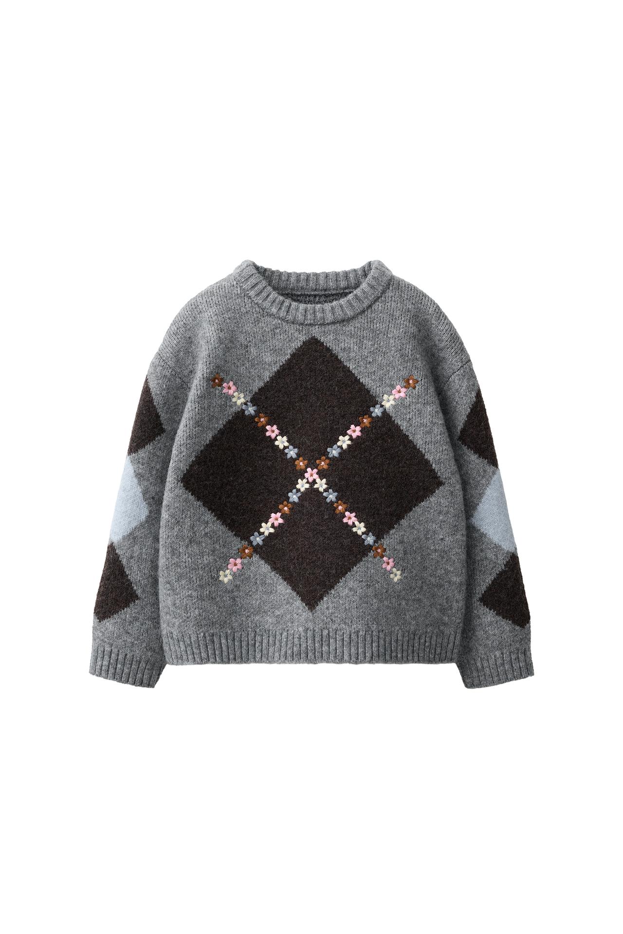 ARGYLE KNIT JUMPER WITH EMBROIDERED FLOWERS