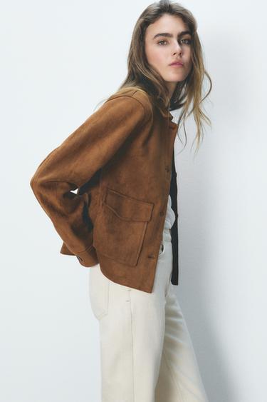 Zara FAUX SUEDE POCKET JACKET - Tobacco Brown