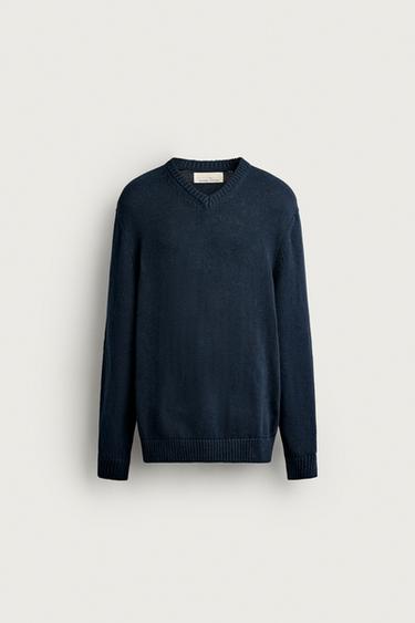 PULLOVER AUS BAUMWOLL-LEINEN-MIX IN REGULAR FIT - Marineblau von Zara