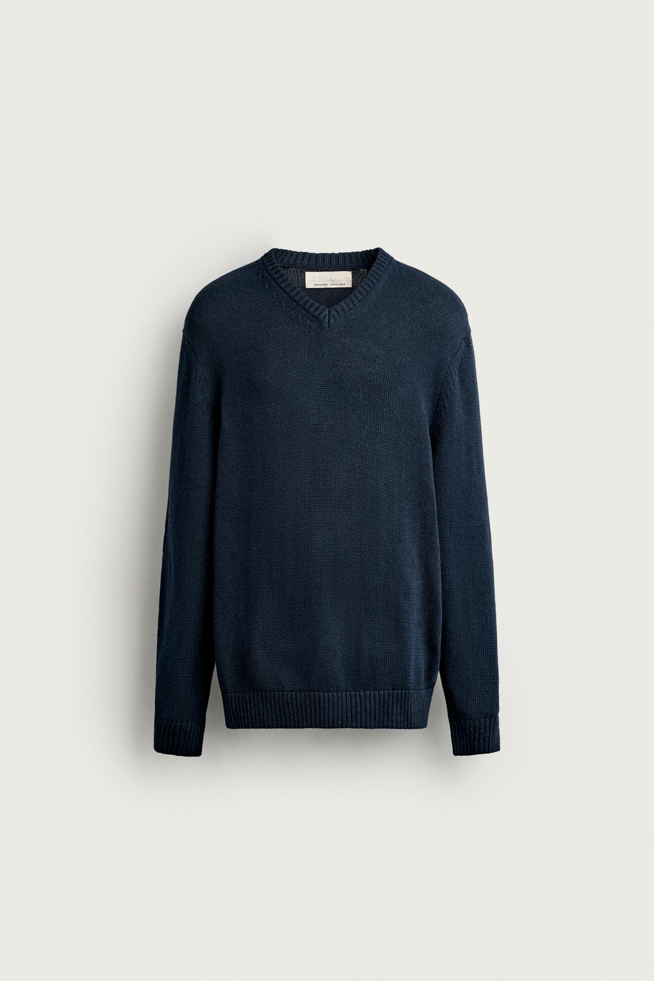 COTTON-LINEN REGULAR FIT SWEATER — Navy blue