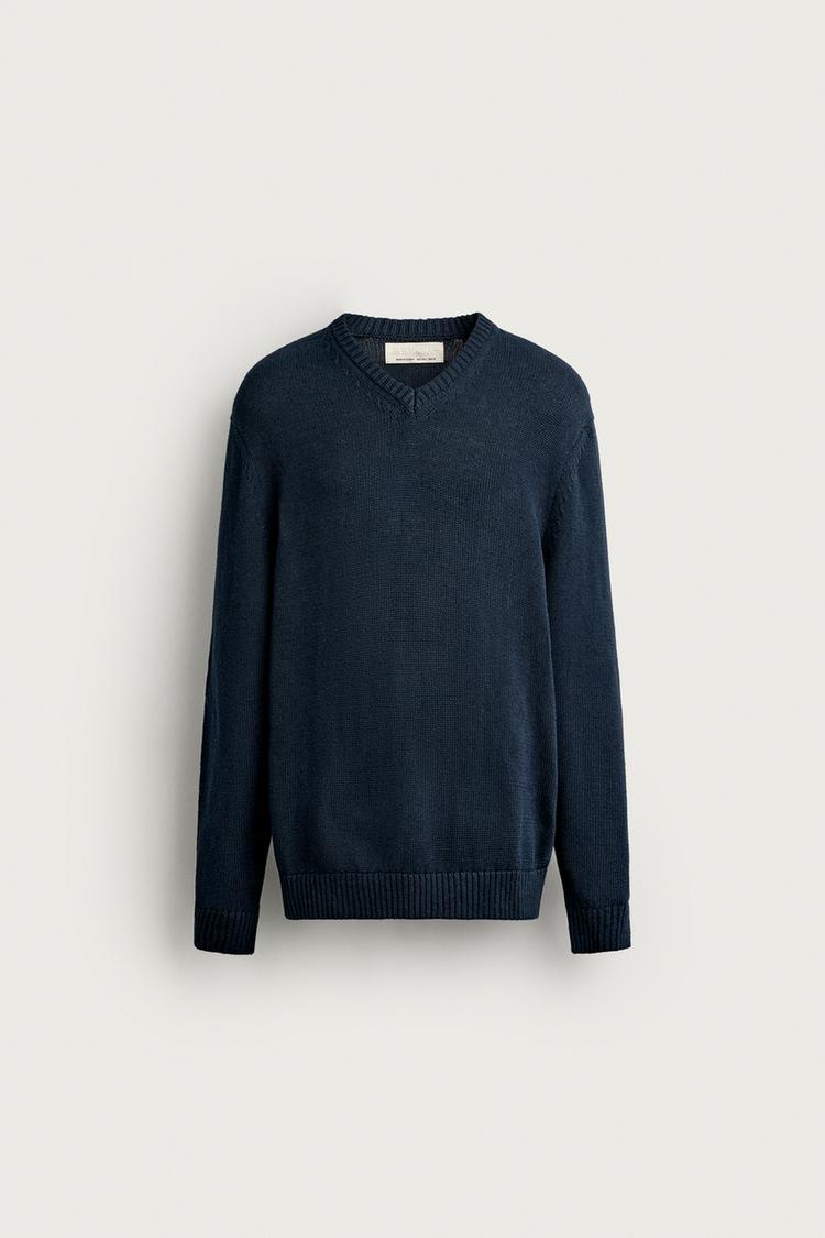 COTTON-LINEN REGULAR FIT SWEATER — Navy blue