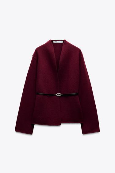 100% WOOL BELTED JACKET - Burgundy by Zara - Image 2