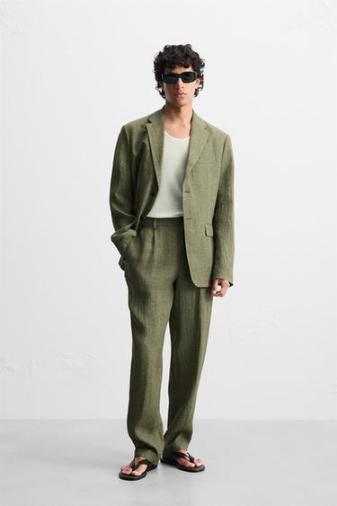 100% LINEN SUIT TROUSERS - Dark khaki by Zara - Image 0