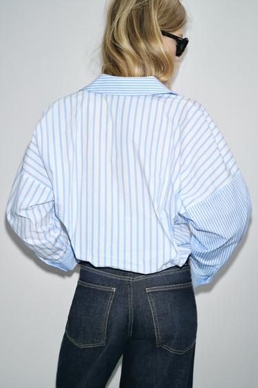 STRIPED PATCHWORK POPLIN SHIRT - Blue/White by Zara - Image 4