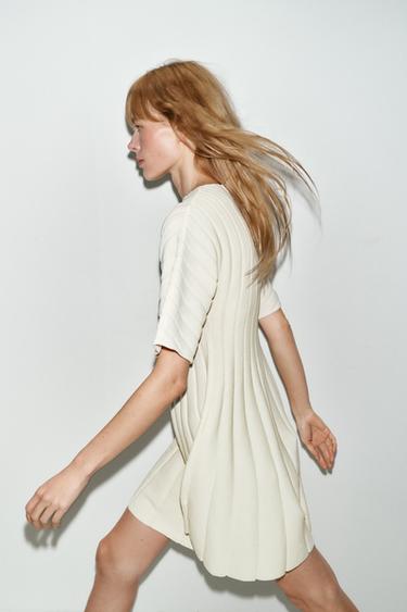 SHORT RIB KNIT PUFF SLEEVE DRESS - Ecru by Zara - Image 3