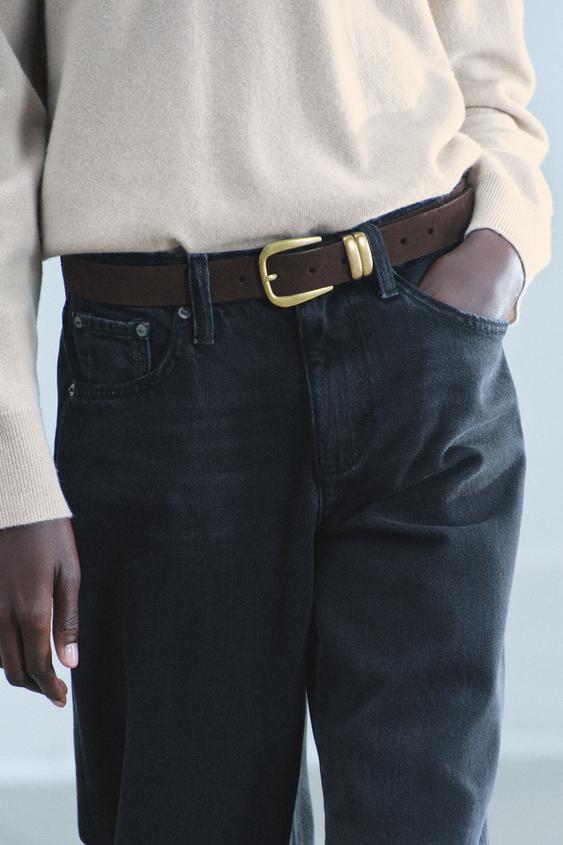 Zara 100% SUEDE LEATHER BELT WITH DOUBLE PRONG - Chocolate - Image 0
