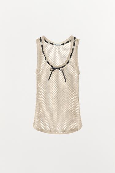 T-SHIRT EN MAILLE AJOURÉE À NŒUD EN CONTRASTE - Blanc cassé de Zara - Image 2