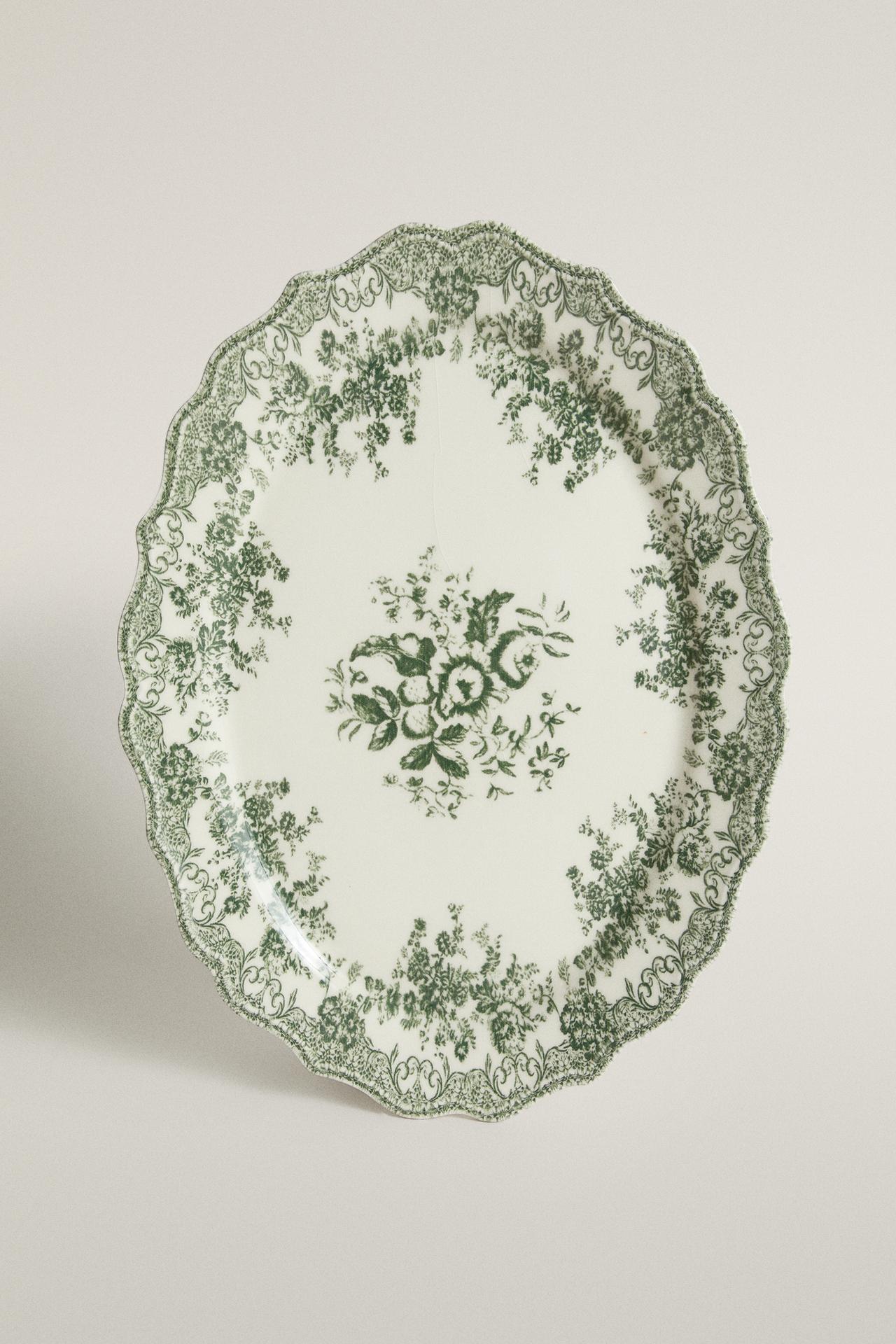 FLORAL EARTHENWARE SERVING DISH — Dark olive