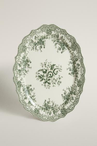 FLORAL EARTHENWARE SERVING DISH — Dark olive 1