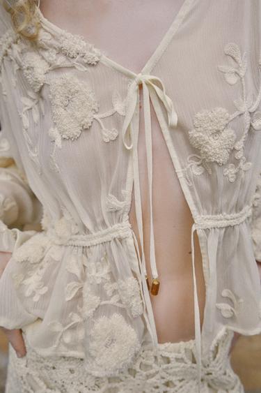 EMBROIDERED SEMI-SHEER BLOUSE - Light beige by Zara - Image 5