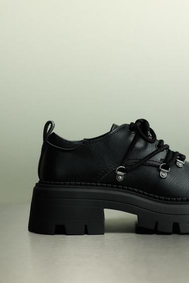 Zara 厚底多排鞋帶孔鞋 - 黑色
