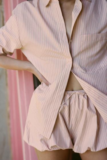 Zara STRIPED CULOTTE SHORTS - Pink / White