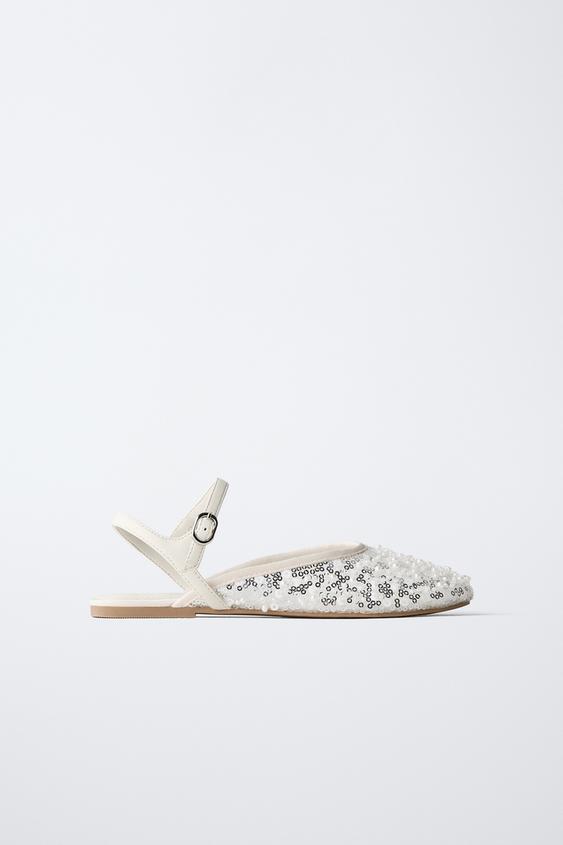 BALLERINES OUVERTES À L'ARRIÈRE FANTAISIE PAILLETTES - Blanc écru de Zara - Image 0