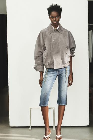 BLOUSON EN CUIR DAIM 100% - Gris clair de Zara