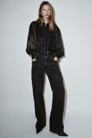 SEMI-SHEER SHIRT WITH RUFFLES AND BEADS - Black by Zara