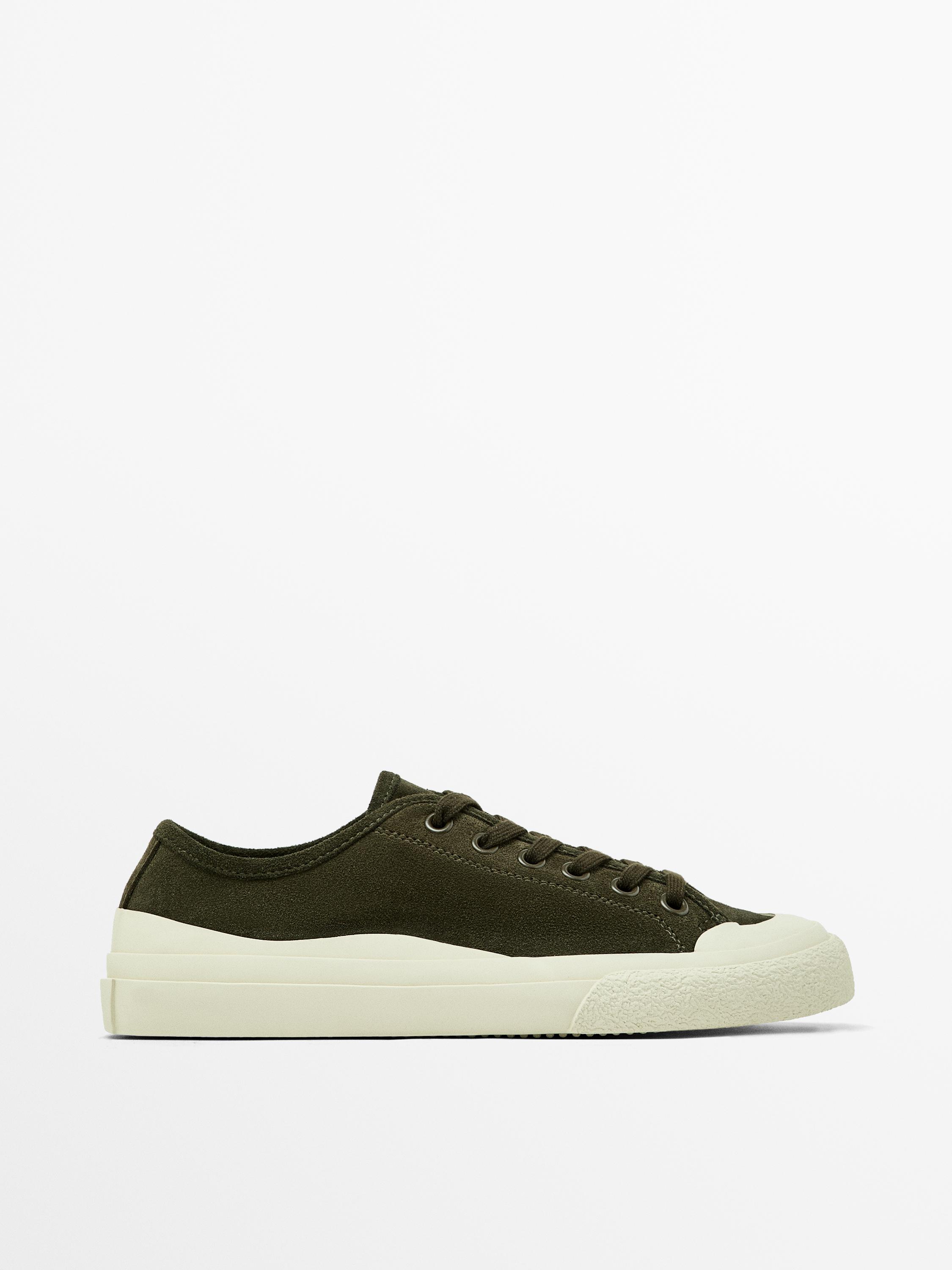 Rubberised split leather trainers - Khaki Green | ZARA United States