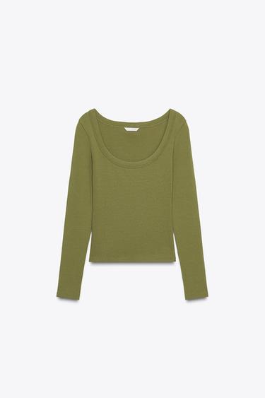 RIB LONG SLEEVE T-SHIRT - Green by Zara