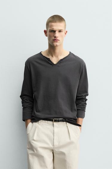 Zara IRREGULAR HENLEY COLLAR T-SHIRT - Gray / Blue