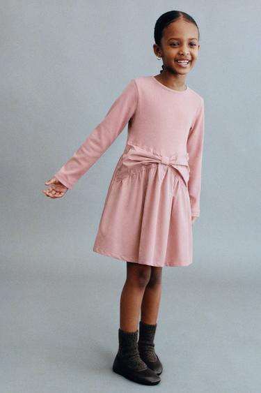 Zara 羅紋拼接蝴蝶結洋裝 - 淺桃紅色