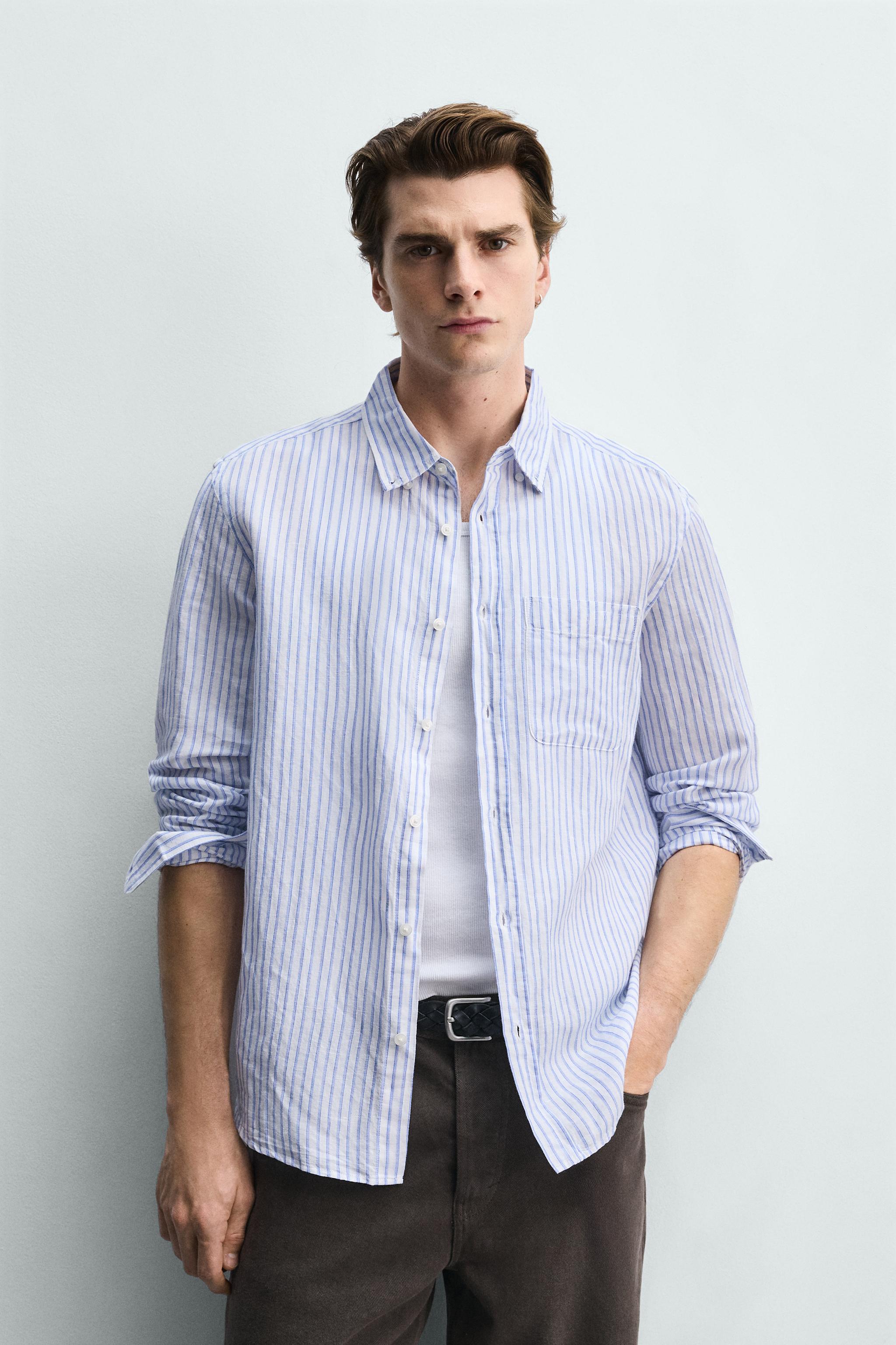 REGULAR FIT LINEN-COTTON SHIRT — Blue/White
