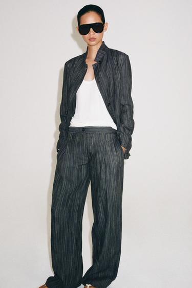 ZW COLLECTION STRIPED LINEN TROUSERS - Blue grey by Zara