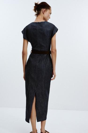 ROBE MI-LONGUE MOULANTE CEINTURE - Bleu de Zara - Image 3