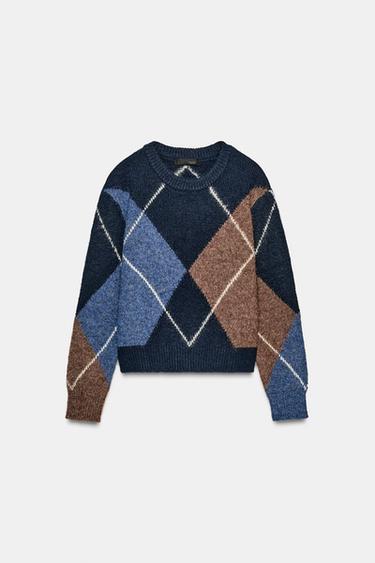 PULL EN MAILLE À LOSANGES - Bleu marine de Zara