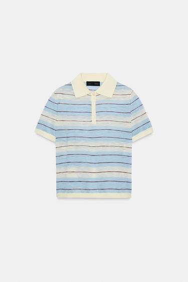 STRIPED KNIT POLO SHIRT - Ecru / Blue by Zara - Image 6