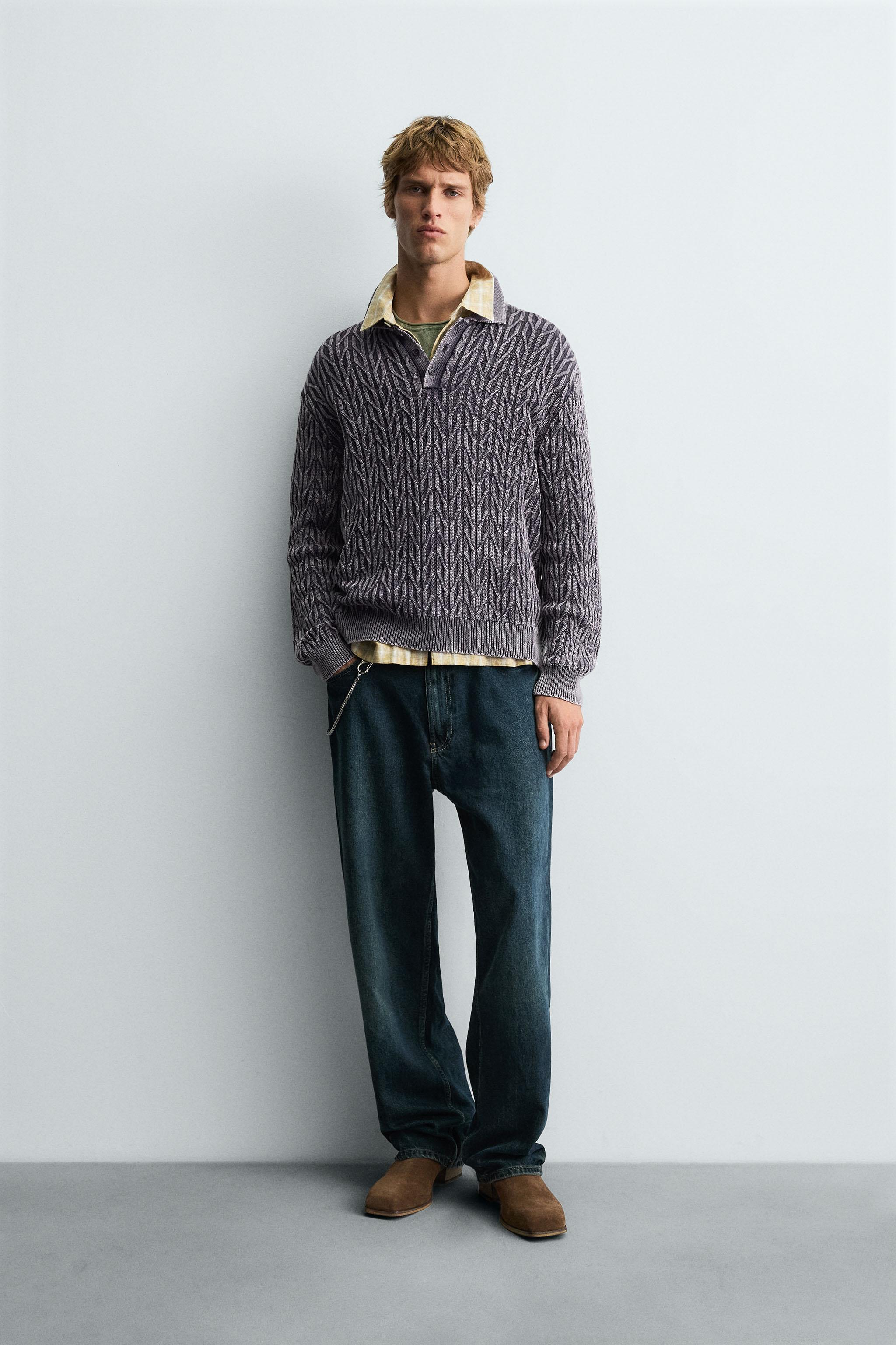 Striped Polo Zara Long Sleeve Polo GEOMETRIC JACQUARD KNIT POLO