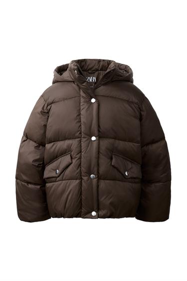 Zara WATER-REPELLENT HOODED PUFFER COAT - Brown