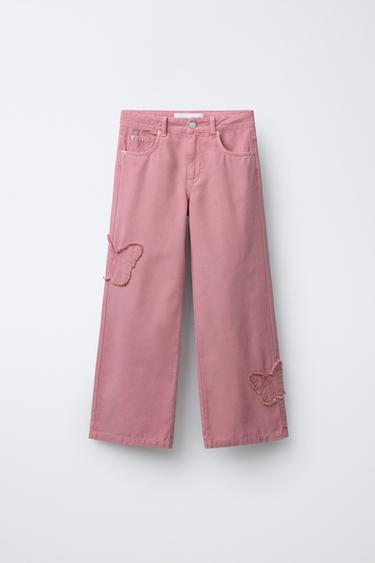 ДЖИНСЫ WIDE LEG С ВЫШИВКОЙ В ВИДЕ БАБОЧЕК — ЦВЕТ ФУКСИИ от Zara — изображение 0