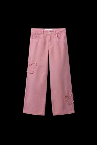 Zara EMBROIDERED BUTTERFLY WIDE LEG JEANS - Fuchsia