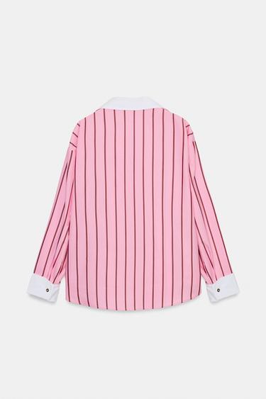 CHEMISE OVERSIZE À RAYURES ET POIGNETS CONTRASTÉS - Rose / Blanc de Zara - Image 4