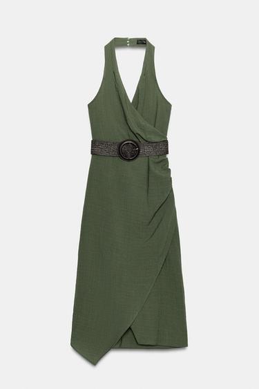 MIDI LINEN BLEND DRESS WITH BELT - Dark khaki by Zara - Image 7
