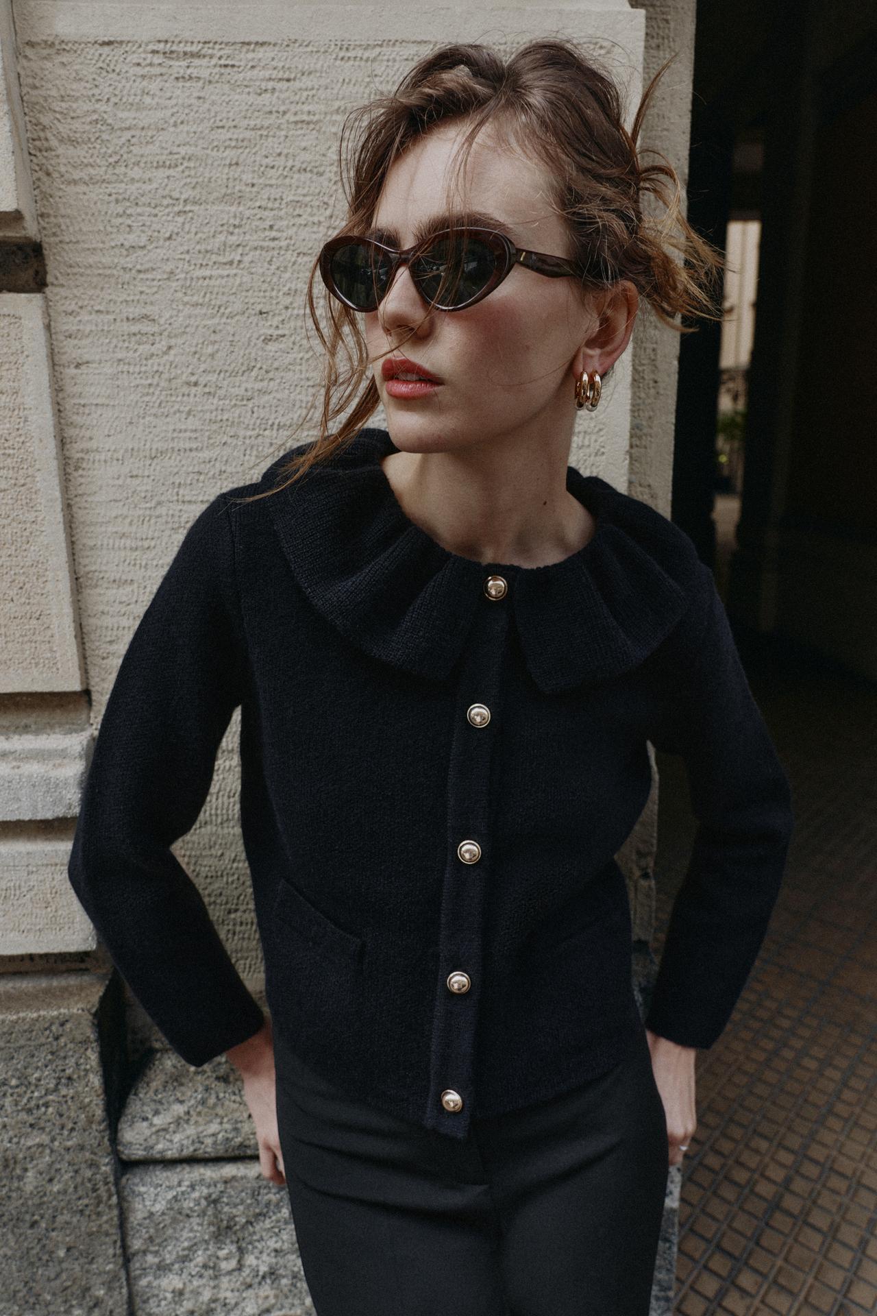 CARDIGAN WITH RUFFLE COLLAR — Black