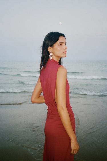 red silk dress zara Zara red satin dress with side slit and button