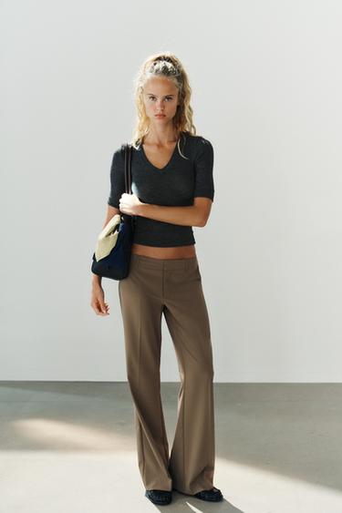 PANTALON DROIT TAILLE BASSE - Marron / Taupe de Zara