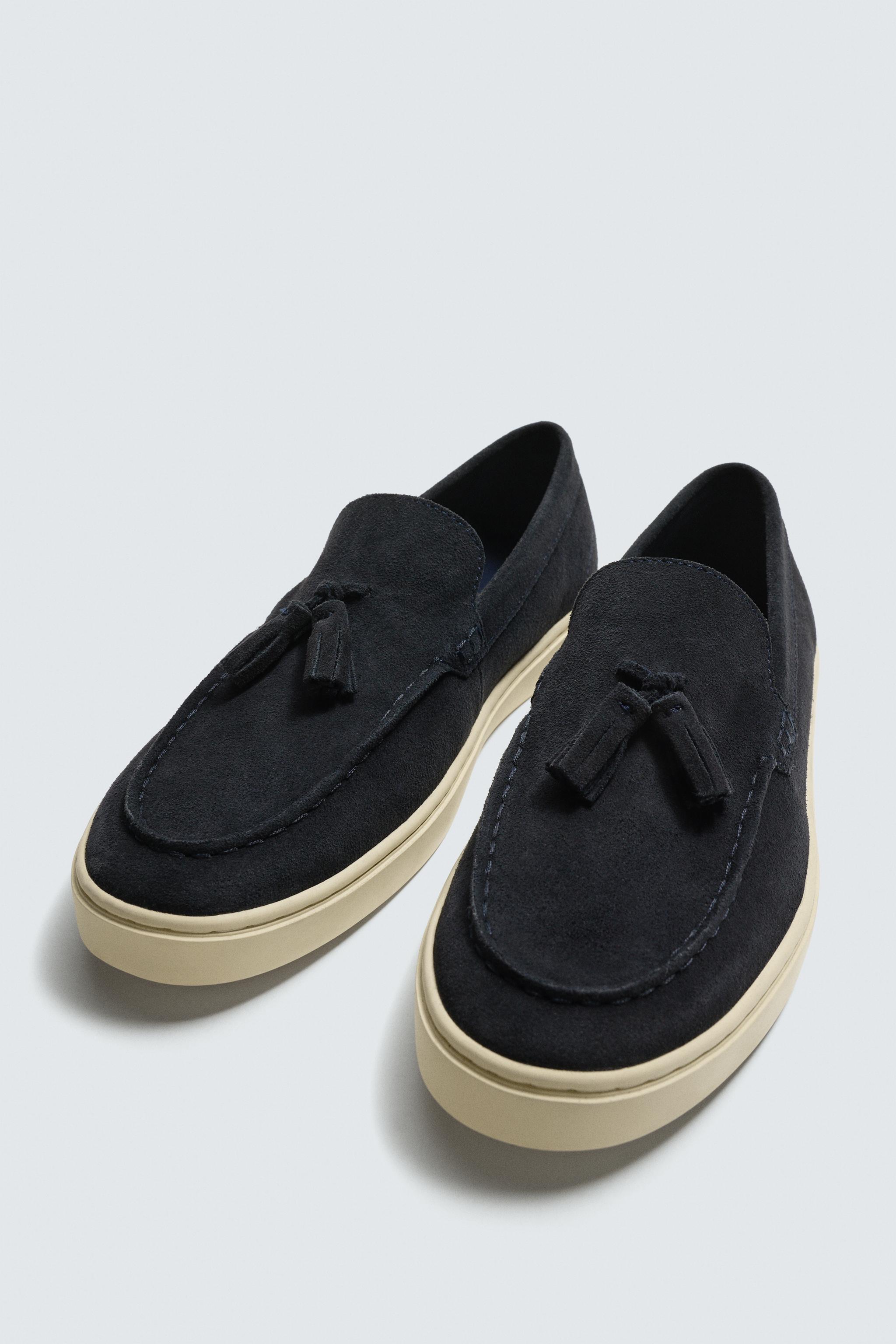 Zara Men\'s Dark Gray‎ Suede Loafers/moccasins  with Tassels Size 7/40 CASUAL LEATHER TASSEL LOAFERS - Gray-Blue | ZARA United States main image 2