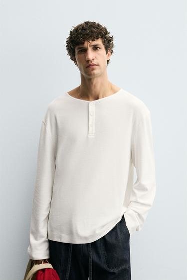 WAFFLE-KNIT GRANDAD COLLAR T-SHIRT - Oyster-white by Zara