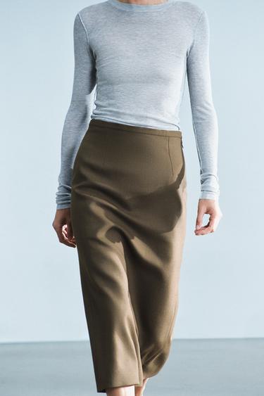 100% WOOL STRAIGHT SKIRT ZW COLLECTION — Mid khaki 2