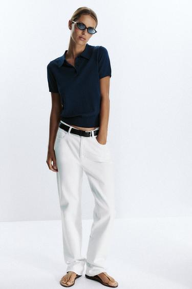 Zara SHORT SLEEVE KNIT POLO TOP - Navy blue