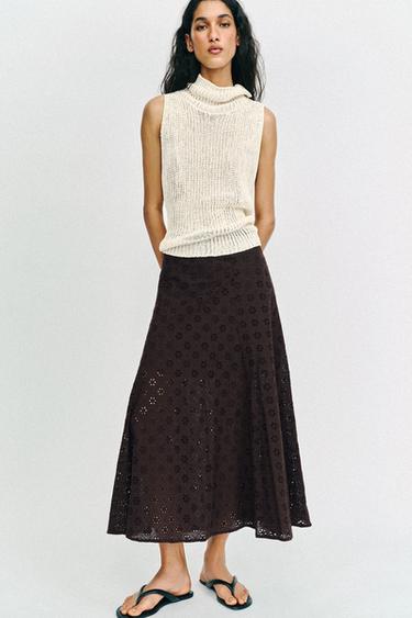 ЮБКА МИДИ С АЖУРНОЙ ВЫШИВКОЙ — КОРИЧНЕВЫЙ от Zara