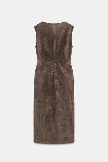 Zara 100% LEATHER MIDI DRESS - Khaki