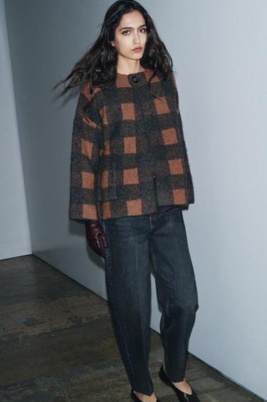 MANTEAU EN MAILLE À CARREAUX - Gris / Marron clair de Zara - Image 3