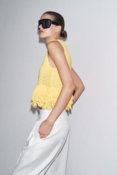 CHECK KNIT TOP WITH FRINGING - Yellow by Zara - Image 2