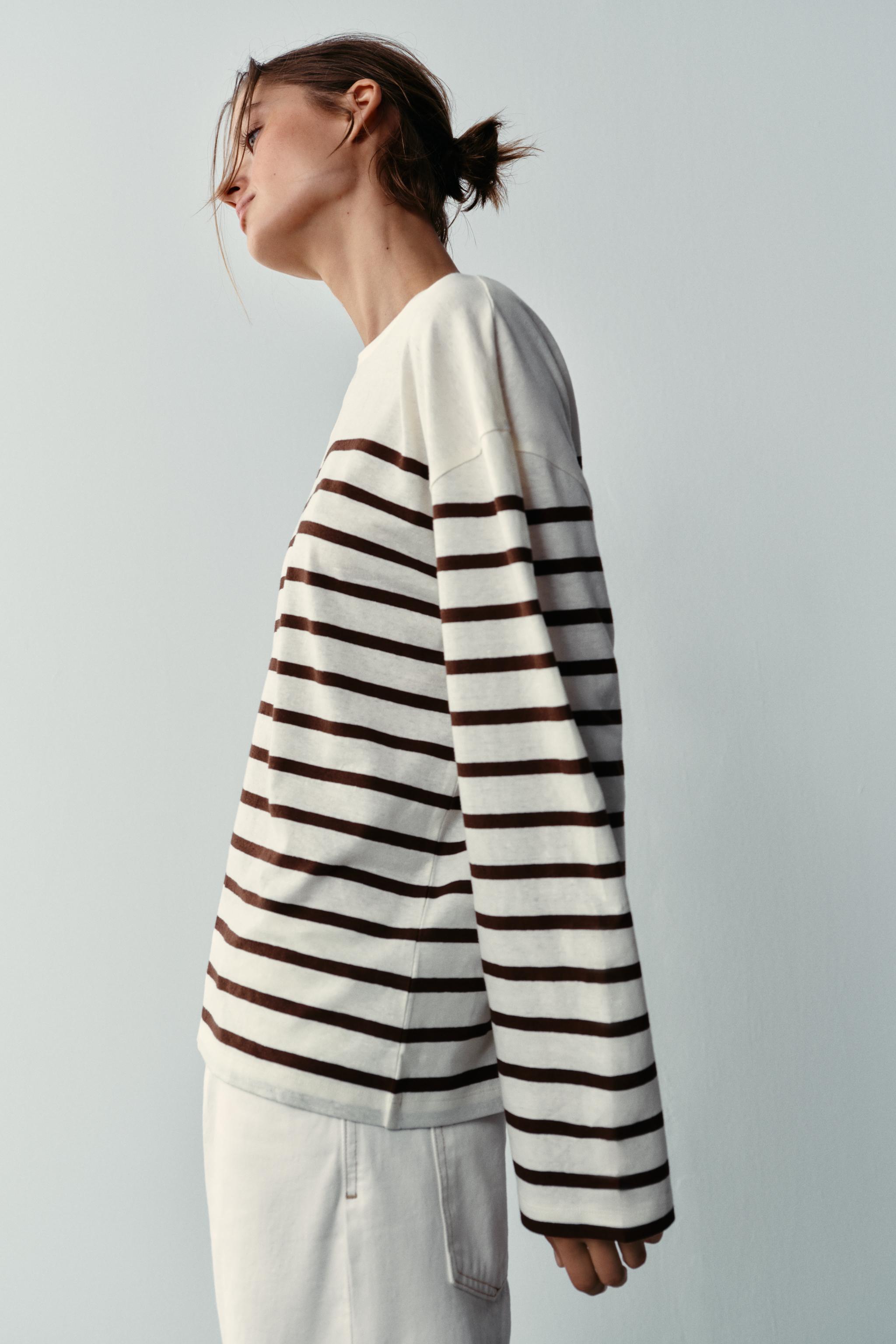 Zara ÇİZGİLİ PAMUKLU VE KETEN T-SHIRT görsel 4