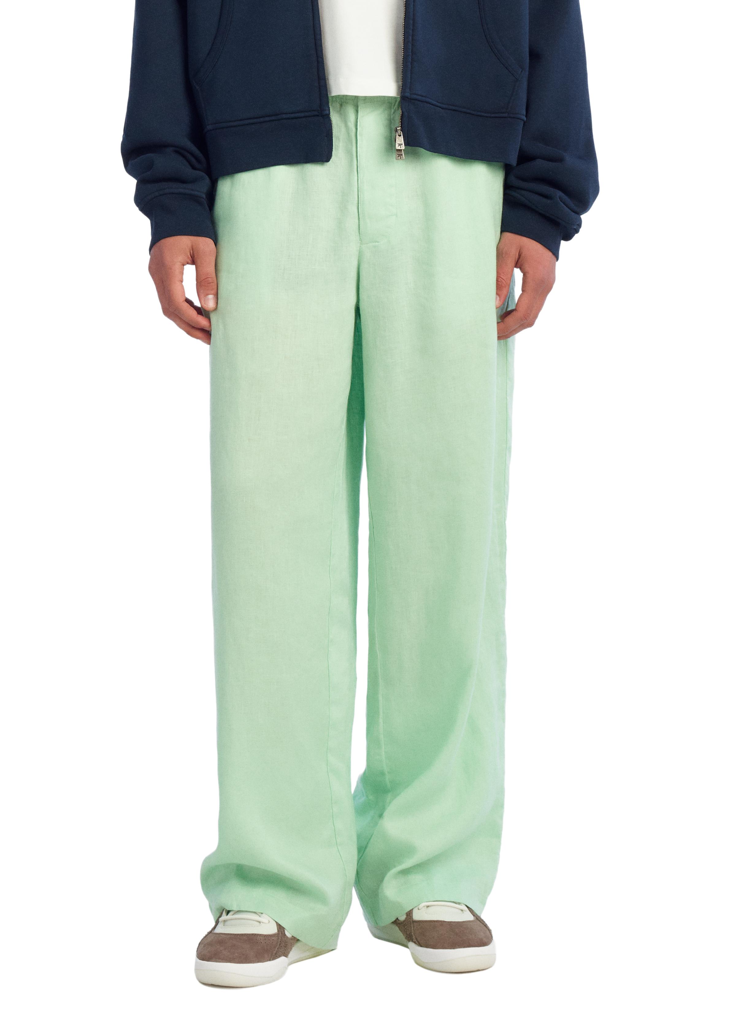 100% LINEN RELAXED FIT PANTS — Sea green