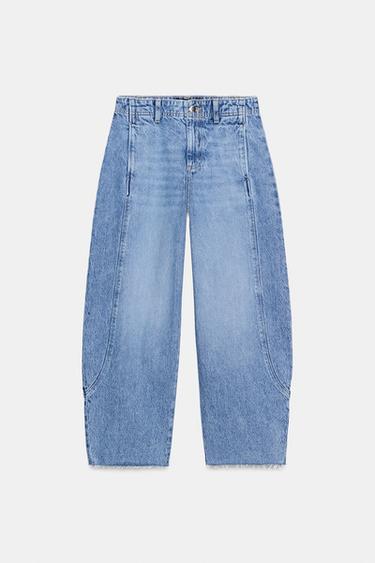Z1975 HIGH-WAIST CROPPED BARREL JEANS WITH SEAMS - Mid-blue by Zara