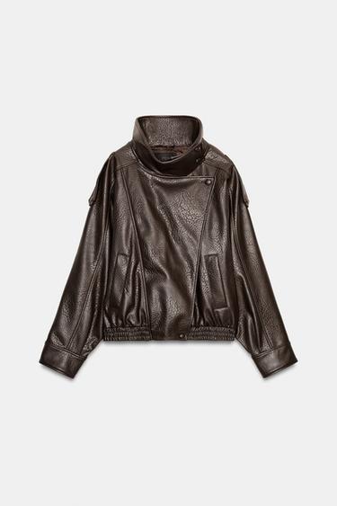 جاكيت بايكر بتأثير الجلد - بني الخاص بـ Zara