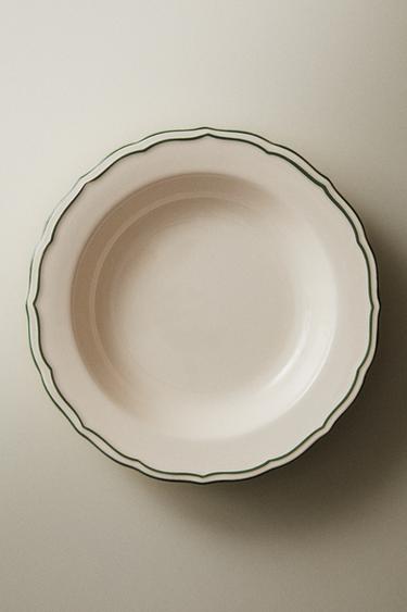 EARTHENWARE SOUP PLATE WITH CONTRAST EDGE - White / Green by Zara - Image 4